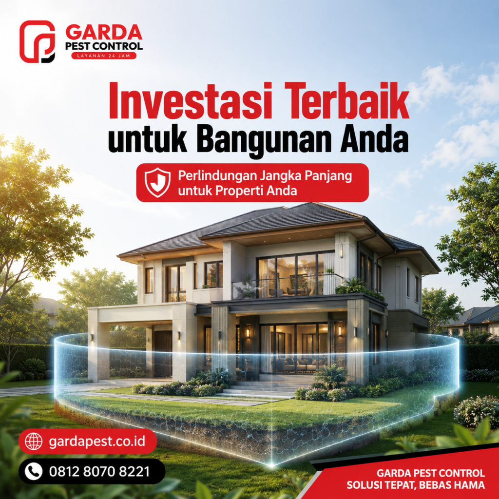 Pilihan Layanan dan Harga Jasa RayapGarda Pest Control menyediakan beberapa pilihan layanan pengendalian rayap seperti baiting rayap, injeksi rayap pasca konstruksi, dan spraying rayap pra konstruksi.Berdasarkan foto referensi harga yang Anda berikan, berikut rincian harganya:Layanan	Area/Ketentuan	Harga
Jasa Baiting Rayap	Area Indoor	Rp7.000.000
Jasa Baiting Rayap	Area Outdoor	Rp7.000.000
Jasa Injeksi Rayap Pasca Konstruksi	Luas < 36 m² — minimum payment	Rp6.500.000
Jasa Injeksi Rayap Pasca Konstruksi	Luas 60–90 m²	Rp150.000/m²
Jasa Injeksi Rayap Pasca Konstruksi	Luas > 100 m²	Rp100.000/m²
Jasa Spraying Rayap Pra Konstruksi	Luas < 60 m²	Rp4.500.000
Jasa Spraying Rayap Pra Konstruksi	Luas > 90 m²	Rp65.000/m²
Spraying Furniture	Furniture	Rp1.000.000
Ketentuan GaransiFoto referensi juga mencantumkan informasi garansi untuk layanan tertentu:Baiting rayap: garansi 1 tahun
Spraying rayap pra konstruksi: garansi 5 tahunUntuk layanan injeksi rayap pasca konstruksi, foto referensi tidak mencantumkan periode garansi. Karena itu, saya tidak menambahkan klaim garansi untuk layanan tersebut.
